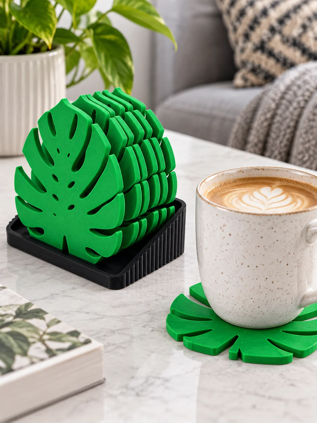 7-Piece Tropical-Themed Home Decor Set of Monstera Leaf Coasters, 3D Printed Pla Material Green Leaf Coasters with Storage Rack, Natural Plant-Style Chic Leaf Coasters, Creative Plant-Shaped Coasters to Enhance the Ambiance of the Space, Bohemian-Style Coffee Table Coasters, Minimalist Modern Home Decor, Non-Slip, Heat-Resistant, Waterproof, Anti-Scalding Table Mats, Reusable and Easy to Clean, Suitable for Tea Cups, Wine Glasses, and Mugs