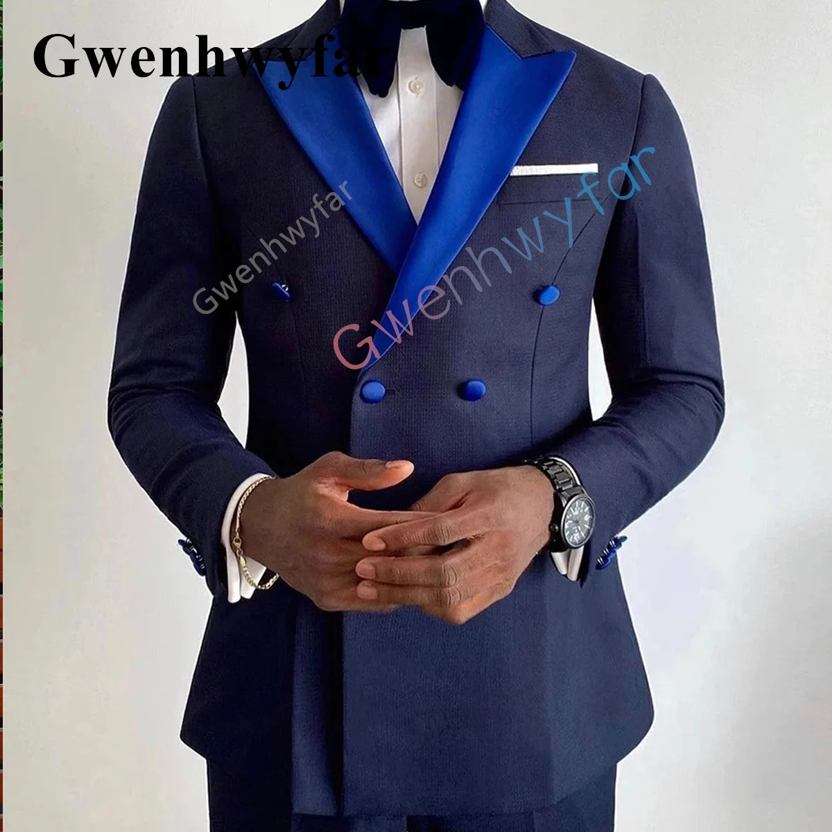 

Gwenhwyfar 2023 Navy Blue Tailored Trendy Style Groom Tuxedo Peaked Lapel Men's Suit Fashion Two Pieces for Wedding Blazer