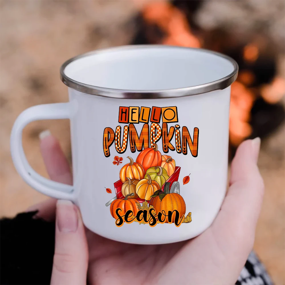Thanksgiving Coffee Cups Hello Pumpkin Season Print Enamel Mug Fall Party Wine Juice Cups Hot Cocoa Cup Thanksgiving Present Mug