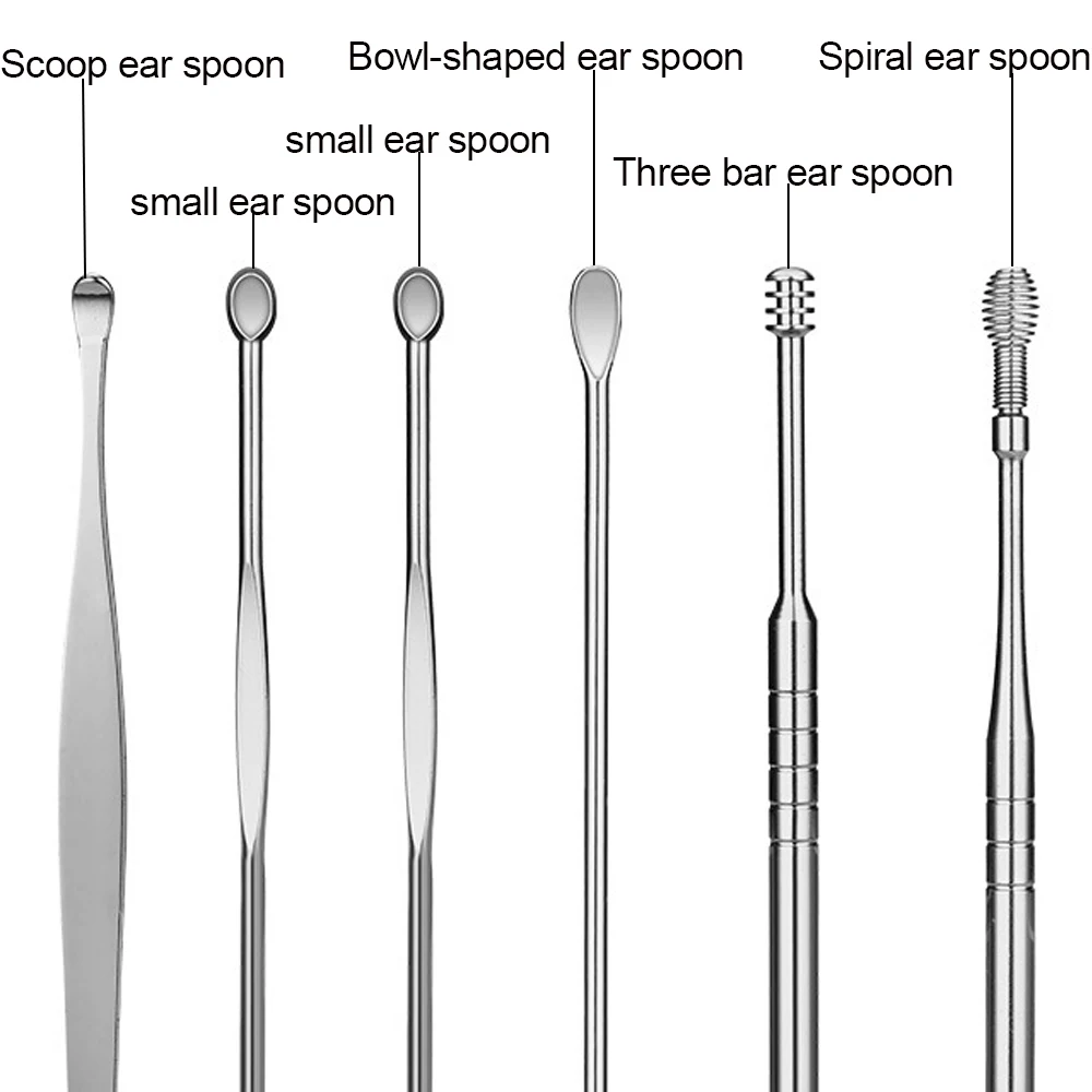 6 pièces nettoyant pour oreilles outil de suppression de cire oreille bâton ressorts nettoyage réutilisable cérumen cuillère écouvillon en acier inoxydable oreille cure santé Kits