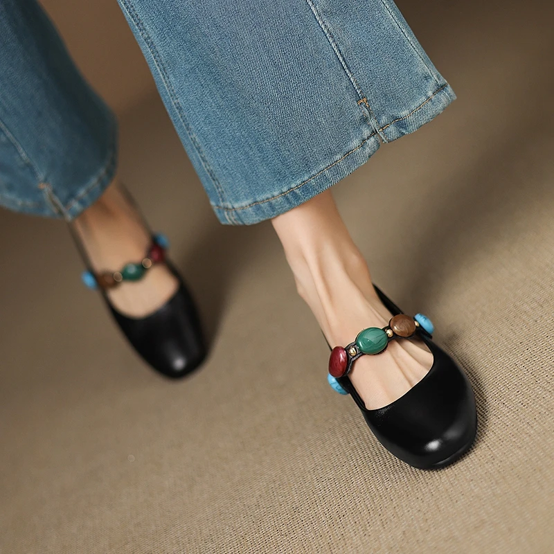 Women's new leather cowhide round toe gemstone belt buckle comfortable low heel Mary Jane shoes single shoe