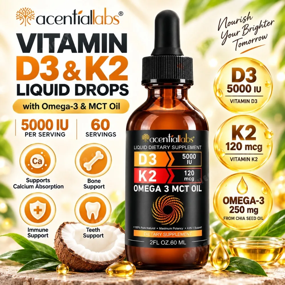 Vitamin D3 K2 Liquid Drops with Omega-3 & MCT Oil for Calcium Absorption, Bone, Immune & Teeth Support, 5000 IU, 60 Servings