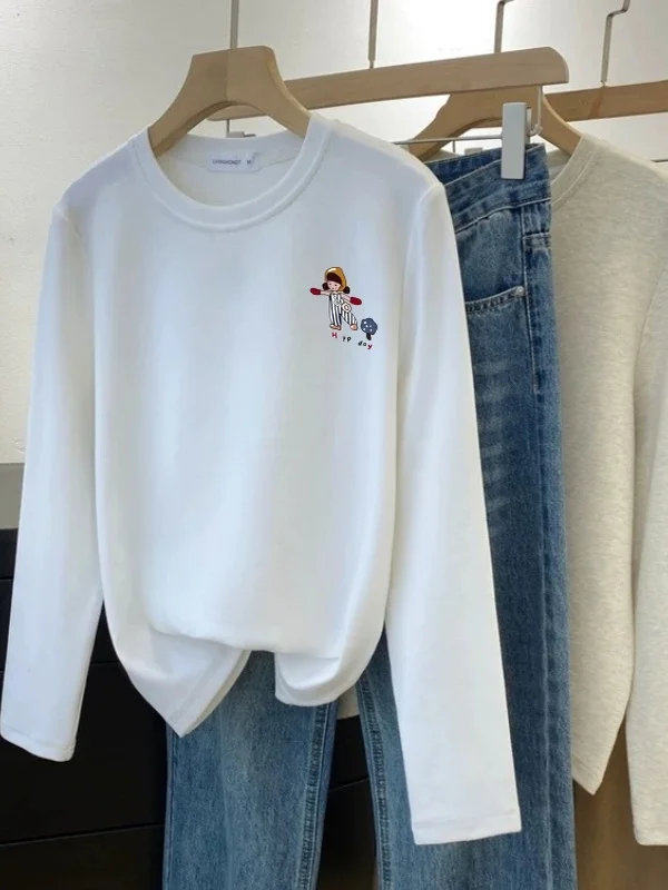 Solto longo sve fce thiened camiseta feminina coreano sle impressão dos desenhos animados casual confortável outono inverno faionable