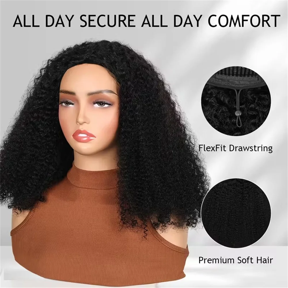 Kinky Curly Human Hair Half Wig Glueless Wig Headband Wig Upgrade 3 IN 1 Half Wig With Drawstring Seamless Clips Wig For Women