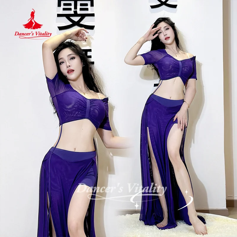 

Костюм для восточных танцев: топ с V-образным вырезом и короткими рукавами + длинная юбка, 2 предмета, для взрослых женщин, одежда для занятий танцами, для танцовщиц.