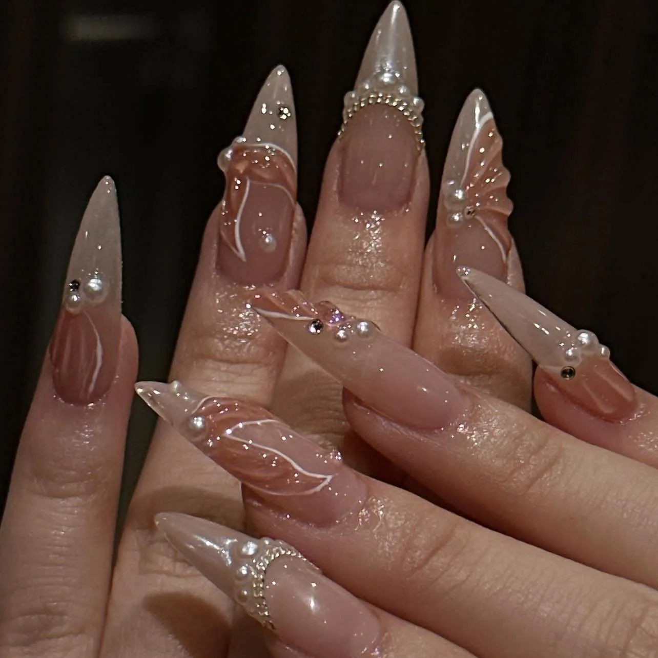 

24Pcs Nude Pink Press On Nails Long Almond False Nails with 3D Ribbon Pearl&Rhinestone Decor Glossy Acrylic Fake Nails for Women