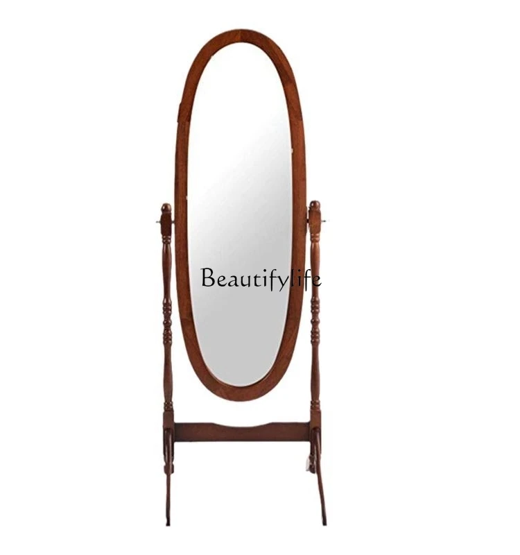 

European-Style American-Style round Dressing Mirror Vintage Solid Wood Full-Body Floor Mirror Home