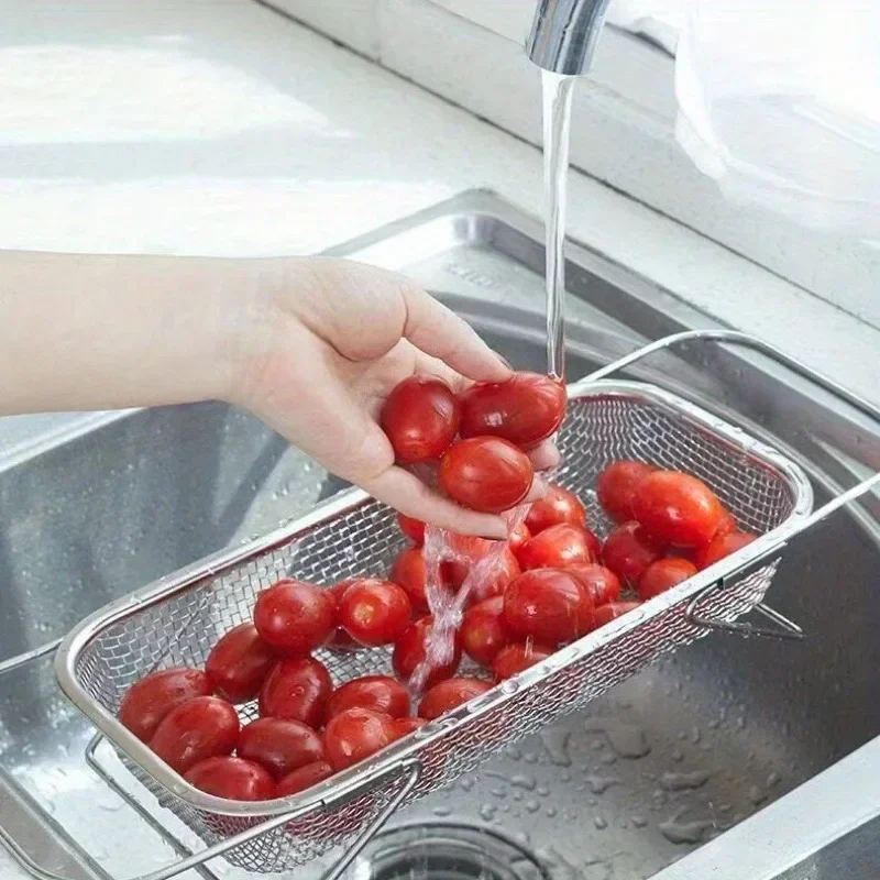 

Stainless Steel Mesh Kitchen Colander Over Sink Strainer with Telescopic Handle for Washing Fruits and Vegetables