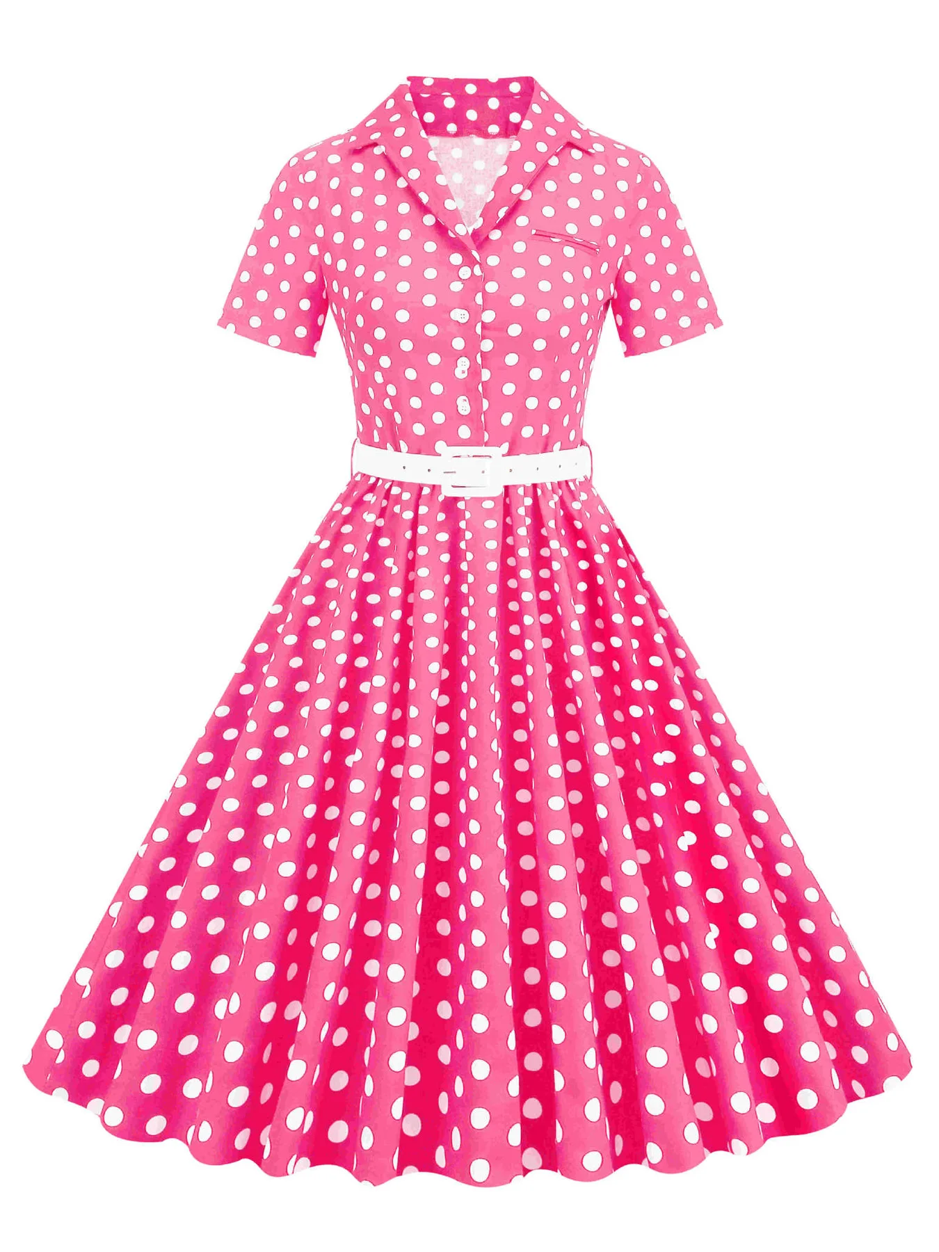 

Tonval Pink and Polka Dot Women Midi Dresses with Belt 2026 Notched Collar Summer Buttons Vintage Pleated Dress