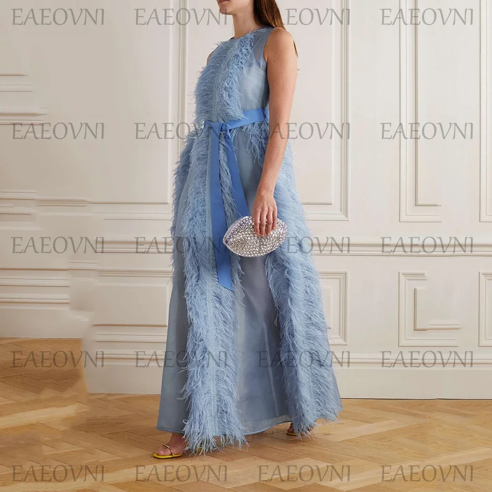 Customized A-Line Feathers Prom Gown Sleeveless Round Neck Middle Eastern Dress Floor-Length Evening Party فساتين السهرةWomen M