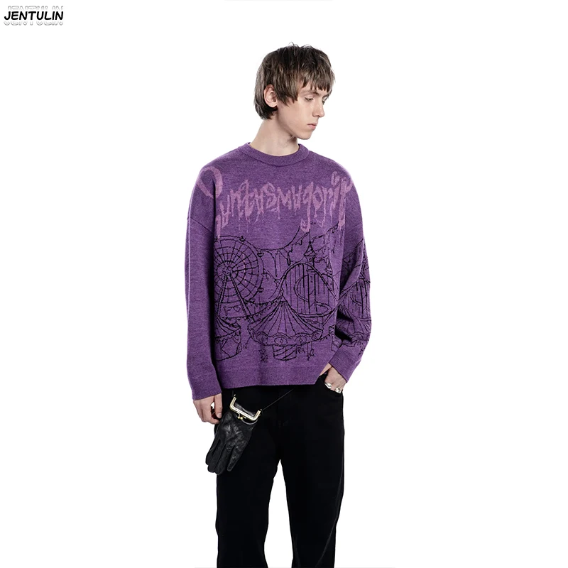 Sweater Rajut Pria Berkualitas Tinggi Musim Gugur Y2k Kerah Bulat Lengan Panjang Model Slim Fit Warna Ungu Motif Grafis Gothic Streetwear Pria