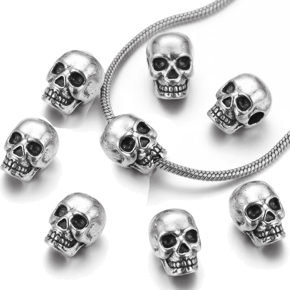 10 Stück Tibet-Silber Totenkopf-Abstandsperlen, tolles DIY-Zubehör für die Herstellung von Halsketten, Armbändern und Ohrringen, Trenner für Perlen