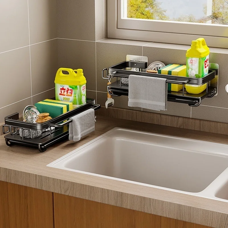No Drill Adhesive Type Kitchen Organizer Kitchen Shelf Cleaning Cloth Storage Draining Rack Household Detergent Sponge Rack
