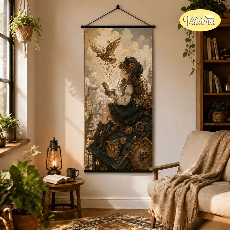 VIKAMA Steampunk Anime Girl Tapestry Mechanical Bird Clockwork City Rooftop Art Wall Hanging for Bedroom Aesthetic Home Decor