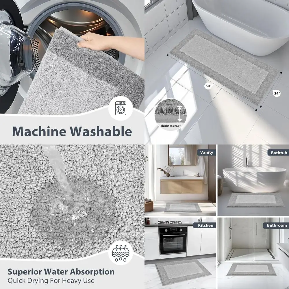 

24 x 60 Мягкие и впитывающие нескользящие коврики для ванной, можно стирать в машине для ванной комнаты, душа, ванны, раковины, светло-серый и серый
