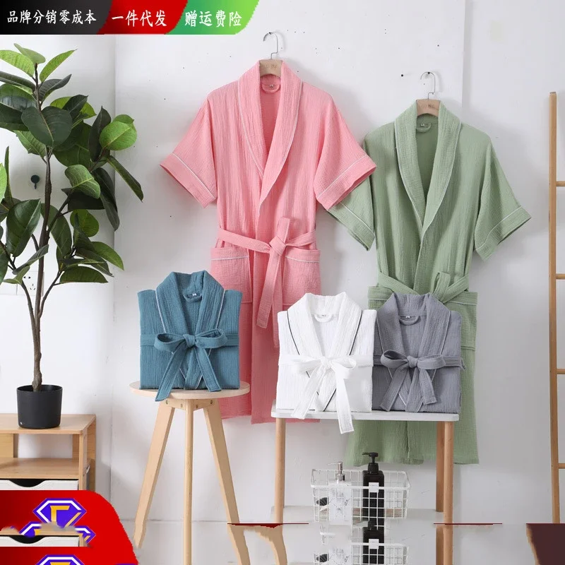 

100% Cotton Double Layer Gauze Robes Women&Men Summer Thin Short Sleeves Bathrobe Nightgown Home Service Solid Hotel Bathrobe