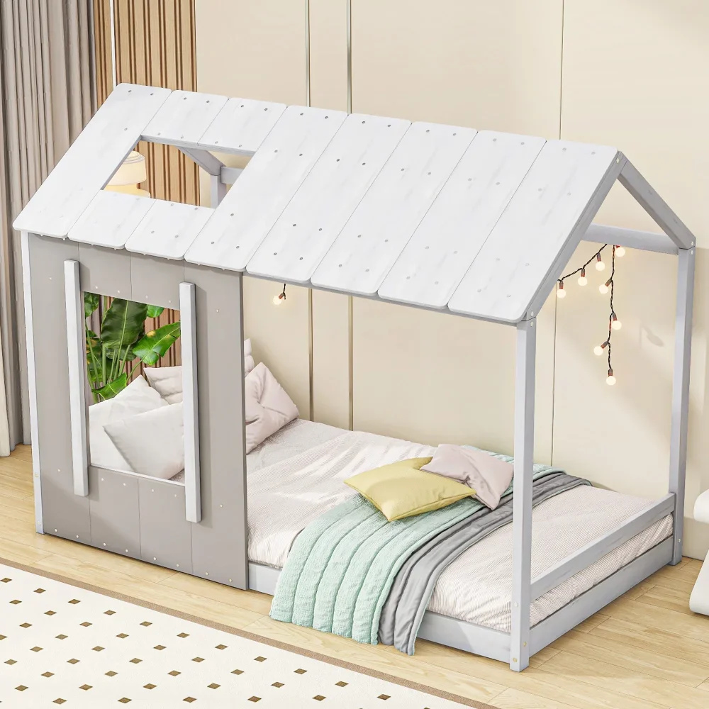 

Floor Bed Canopy Beds, Wood Twin Classic House Platform Bed with Roof and Window for Kids Teens Adults, Low Profile House Bed