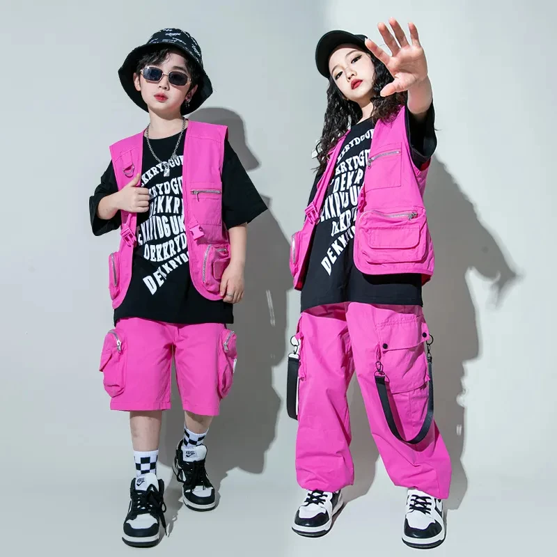 

Kid Hip Hop Clothing Pink Sleeveless Jacket Vest Strap Cargo Jogger Pants for Girls Boys Jazz Dance Costume Clothes