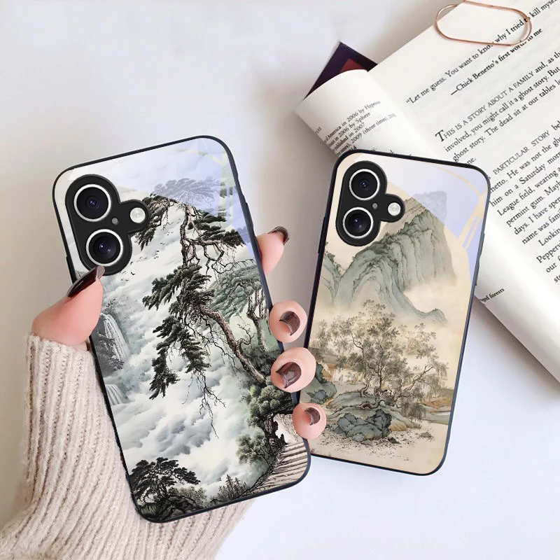 Ink landscape painting For iPhone 16 Pro 17 Pro Max 11 12 mini 13 14 XR XS Max 16E 7 8 SE 5 6 Plus Air Black Glass Phone Case