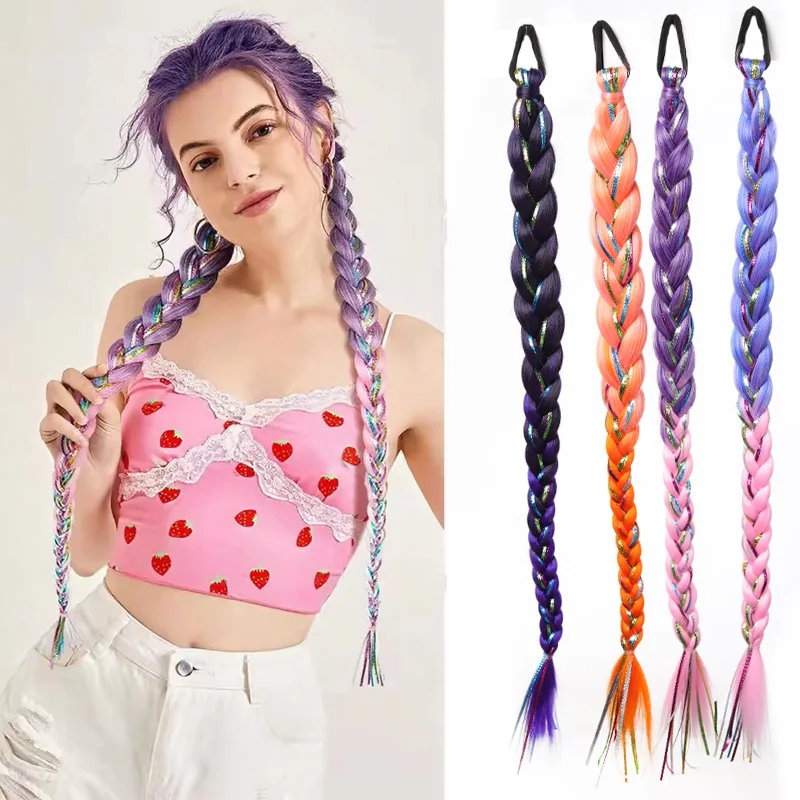 

22 inch girl hair accessory rainbow braided hair extensions twisted braided hair extensions with rubber bands synthetic braids p