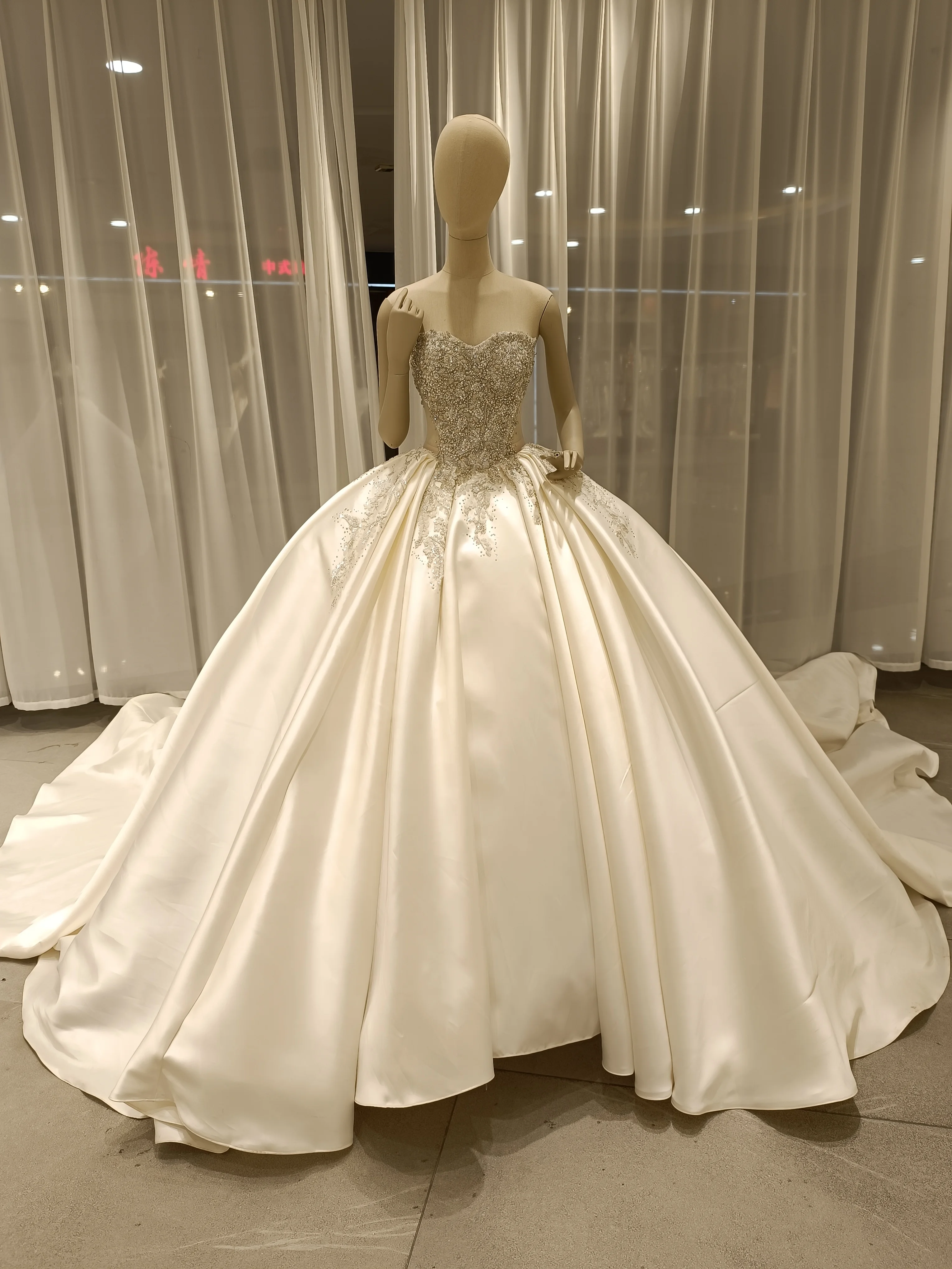 Matte Off-the-Shoulder Rhinestone Sweetheart Ball Gown Wedding Dress