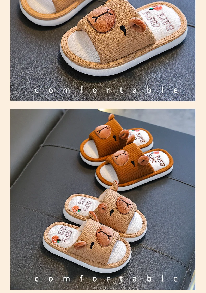 Capybara Kinder-Leinenhausschuhe Frühling Herbst Rutschfeste Weiche Sohle für Jungen Mädchen Eltern-Kind Hausschuhe Damen Bodenschuhe – Detail 8