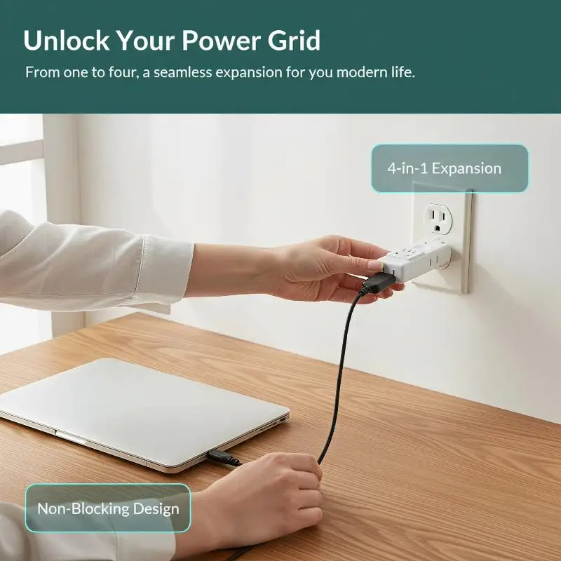 Wall Outlet Extender Ultra Slim 180° Rotation 2500W 4 AC Outlets Power Adapter for Travel Hotel Use