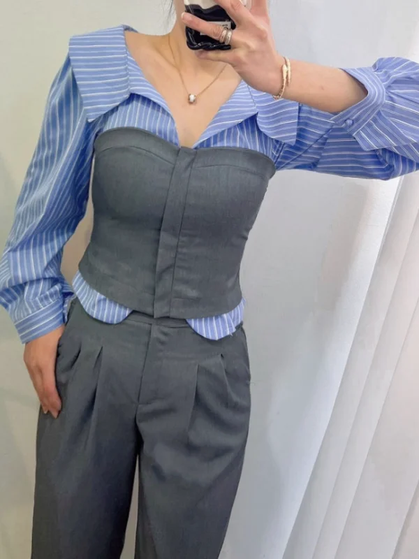 Chic Vintage Striped Shirt Three Piece Set Long Sleeve Layering Wrap Chest Drapey Wide Leg Pants Korean Style Women's Fashion