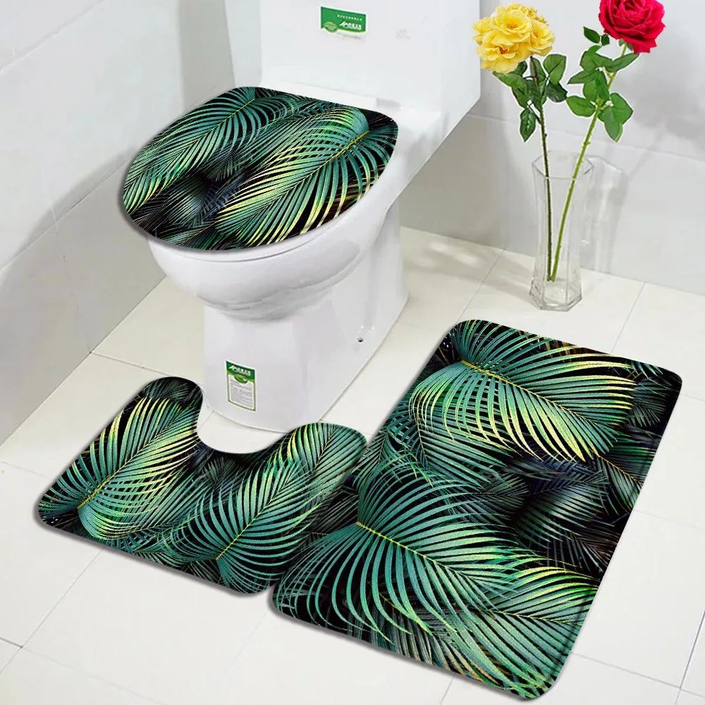 Tropical Leaves Bath Mat Set Green Palm Leaf Monstera Black Carpet Home Bathroom Decor Non Slip Rugs U-shaped Toilet Lid Cover