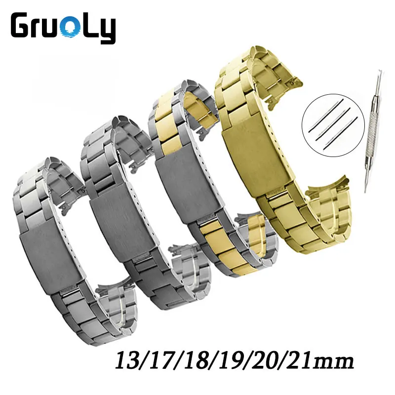 Curved End Straps 13mm 17mm 18mm 19mm 20mm 21mm Solid Stainless Steel Watchband Strap Universal Wrist Band For Seiko Rolex Watch