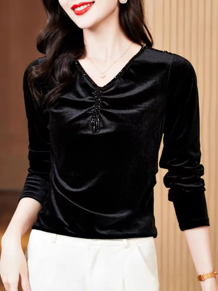 2024 High Quality Chic V-neck Solid Female T-shirt Spring Summer Slim Woman M-3XL Long Sleeve Embroidered Flares Velvet Pullover