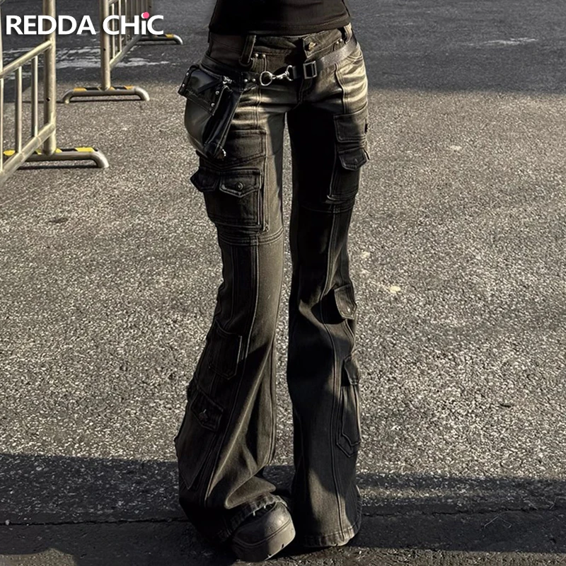 

Y2k Style Black Low Waist Cargo Jeans Multi-pocket Stretch Flare Pants Women Vintage Streetwear Denim Trousers