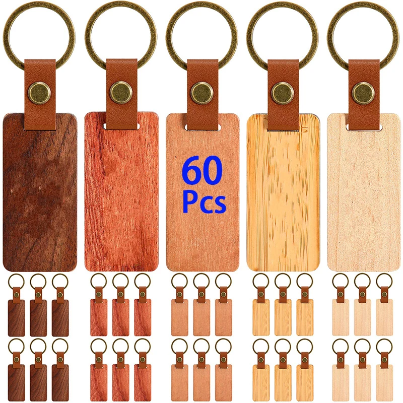 60Pcs Retractable Leather And Wooden Key Chain Blank Metal Wood Keychain