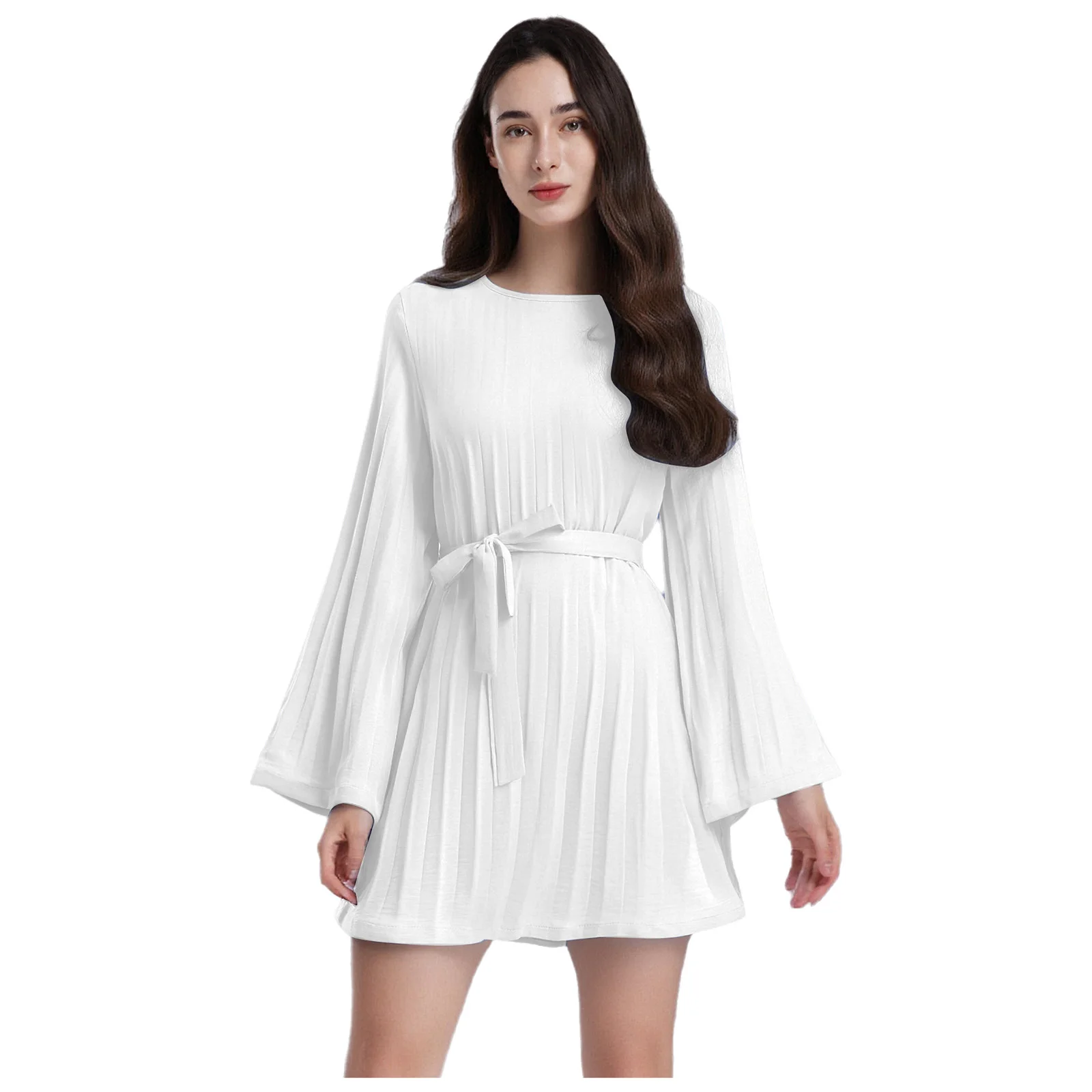 Minivestido liso para mujer, vestido plisado bohemio, elegante vestido plisado con cinturón acampanado de manga larga, vestido acampanado, ropa para mujer