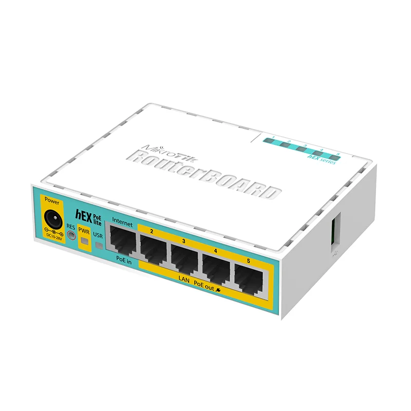 

MikroTik RB750UPr2 (hEX PoE lite) 5xEthernet with PoE output for four ports, USB, 650MHz CPU, 64MB RAM, RouterOS L4