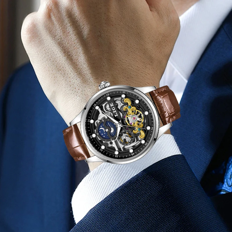 Men's Simple Dial Mechanical Watch with Leather Strap