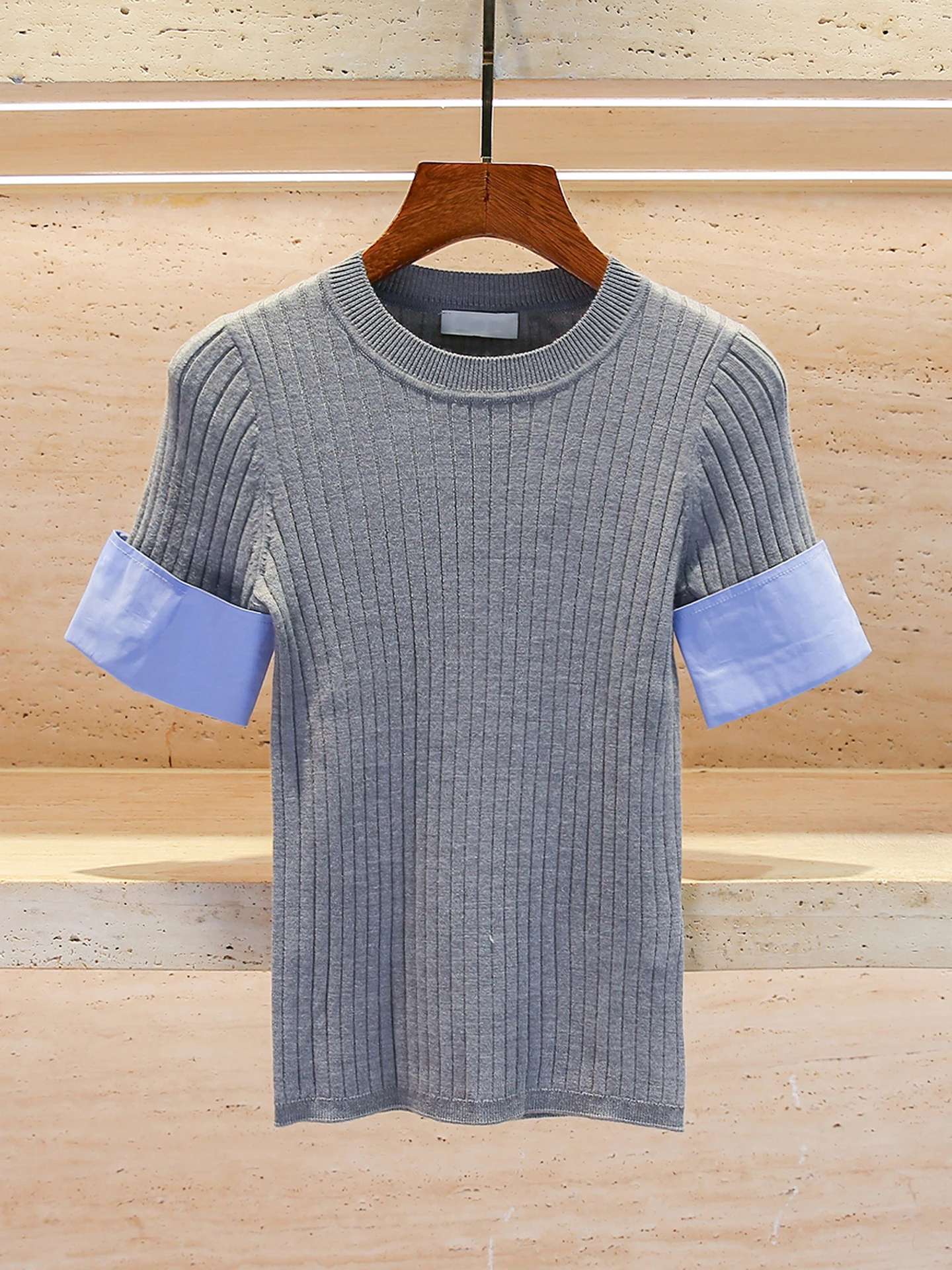 S Home South Oil High-End-Damen-T-Shirt, lässig, gestrickt, ort Sve, rund, Ne Splice, schmale Passform, vielseitiges Top für den Herbst