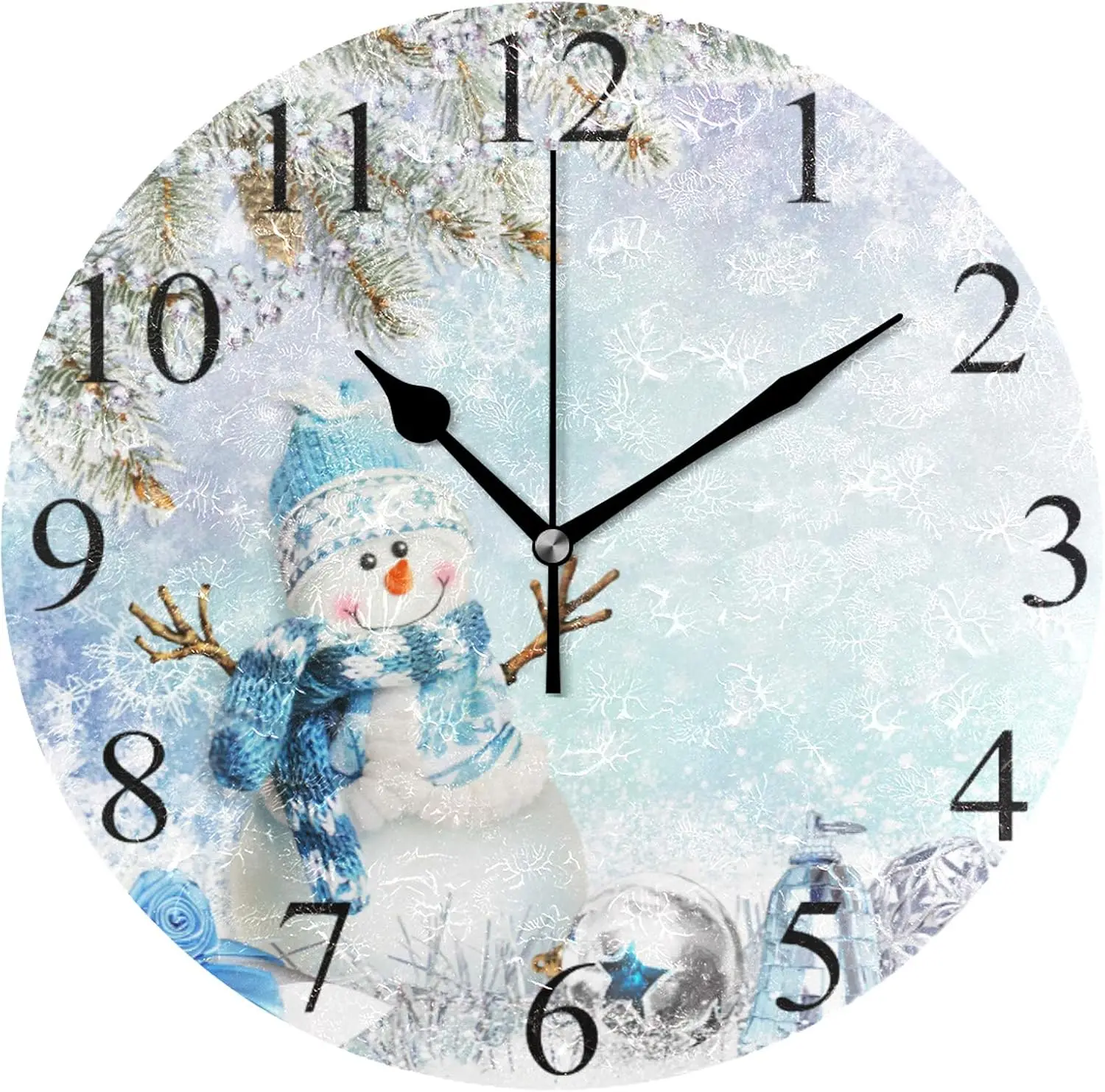 Winter Snowman Christmas Wall Clock 10 Inch Snowflake Snow Xmas Tree Jingle Bells Blue Round Clock Silent Non Ticking Rus