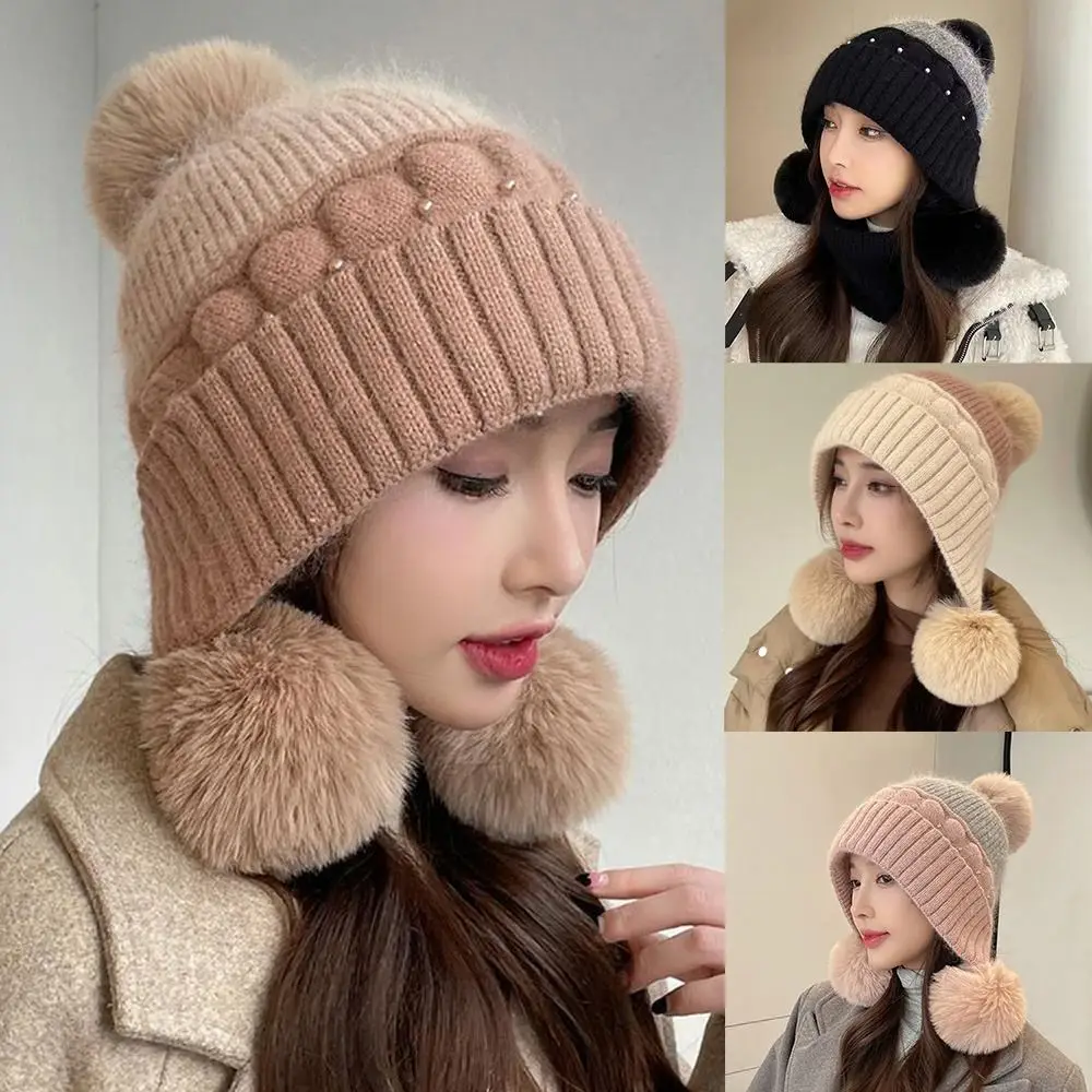 قبعة محبوكة سميكة دافئة مزينة باللؤلؤ ضد الرياح للنساء قبعة شتوية مقاومة للبرودة مع أضاليا