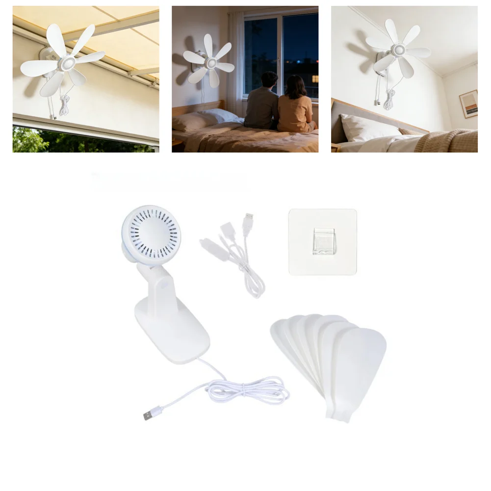 5V USB Wall Mounted Ceiling Fan Silent White ABS 16.5 Inch Space Saving Cooling For Outdoor Camping Bathroom Kitchen Garage