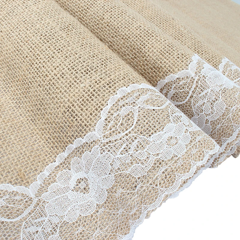 Holaroom Vintage Retro Burlap Linen Jute Event Party Supplies Wedding Christmas Table Cloth Tablecloth White Lace Table Runner