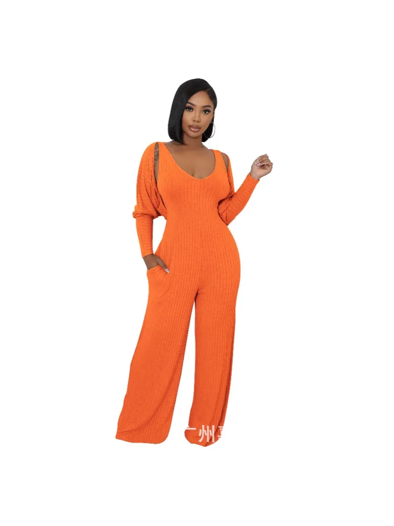 2025 Американские европейские новые модные женские повседневные модные однотонные комплекты из 2 предметов, эластичные свободные комбинезоны с широкими штанинами и длинными рукавами