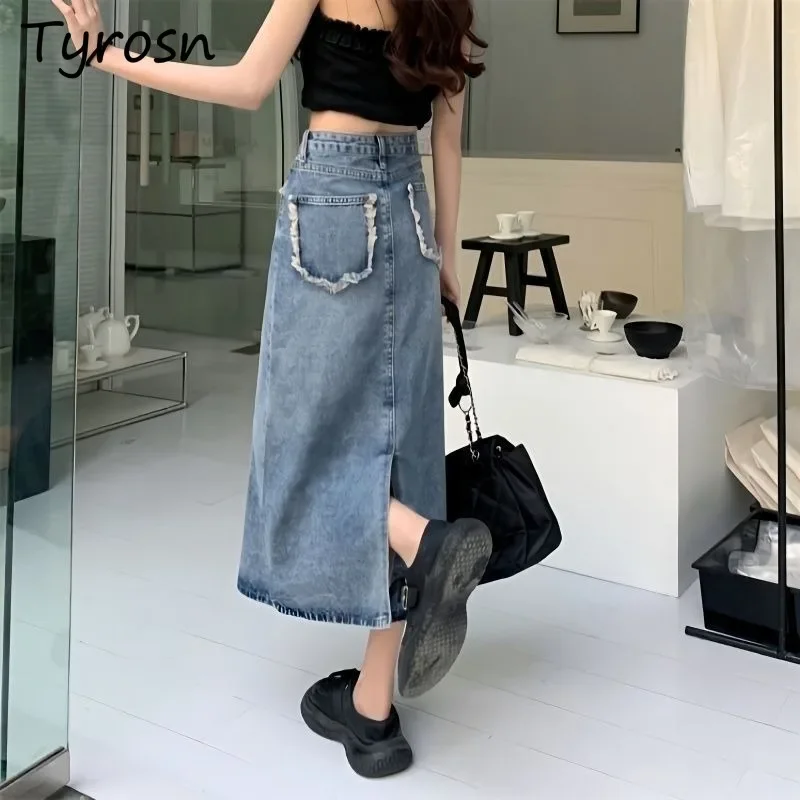 

Джинсовые юбки женские миди с высокой талией в стиле пэчворк с разрезом дизайн OL корейская мода популярные повседневные уличные повседневные элегантные трапециевидные юбки на молнии