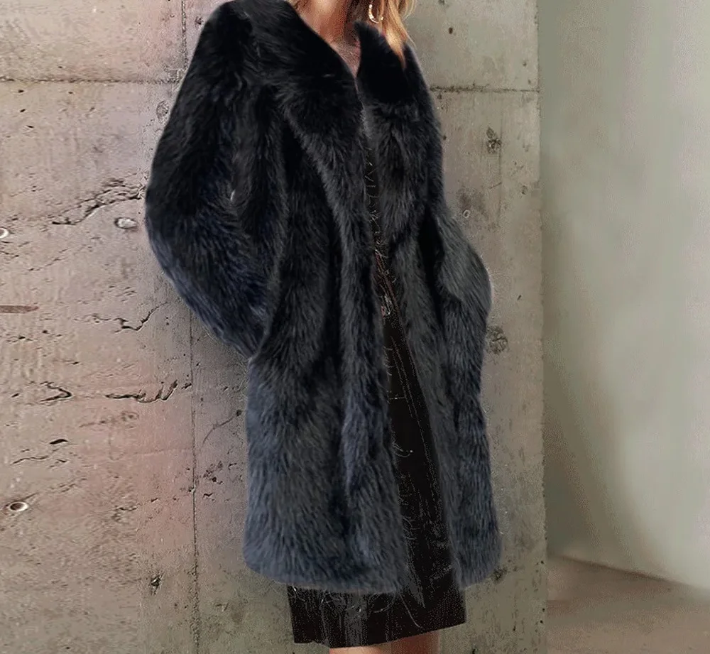 

White Long Faux Fur Coat Women Autumn Winter Large Jacket Overcoat Turn Down Collar Pockets Thick Coat Warm Jackets Maxi Coats