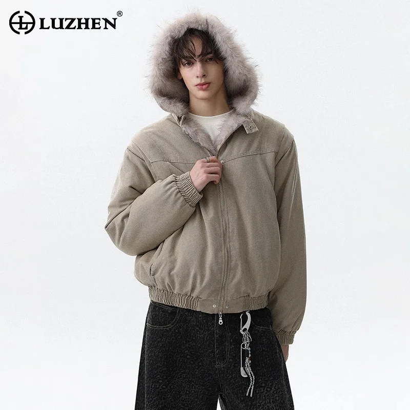 LUZHEN 2025 شتاء جديد موضة فو الفراء مقنعين وسادة مبطنة الرجال العصرية عالية الجودة بلون وسيم سترة الملابس JY5099