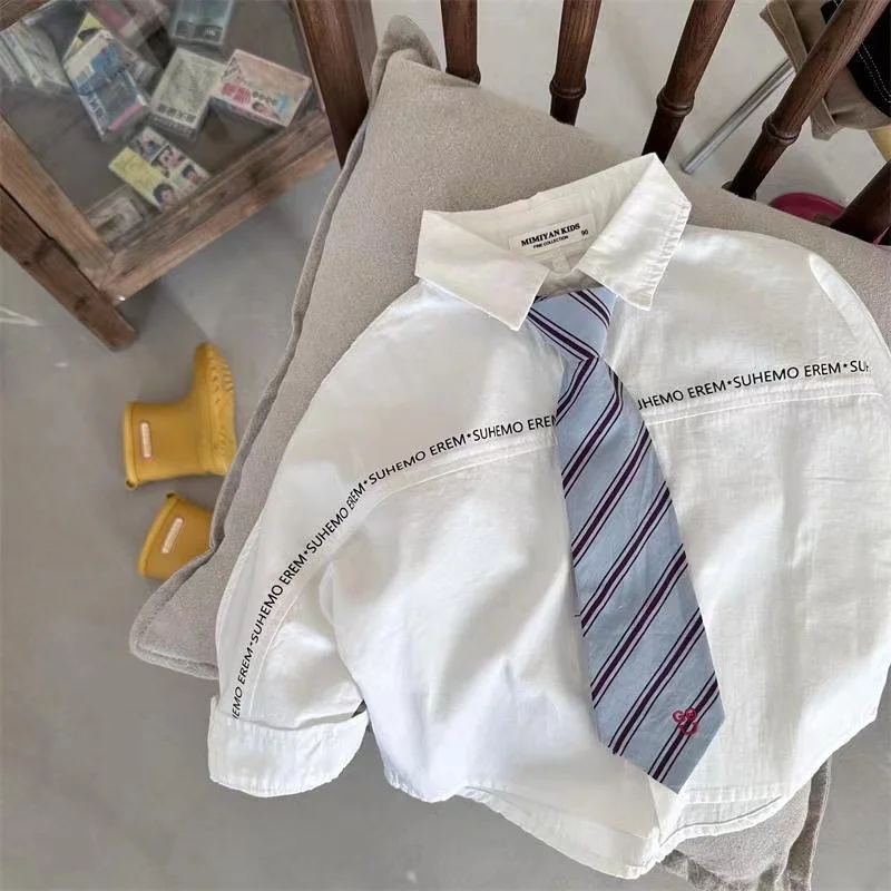 Children's Shirt 2024 Spring and Autumn New Boys and Girls Letter Tie Long sleeved Baby Academy Style Simple White Shirt