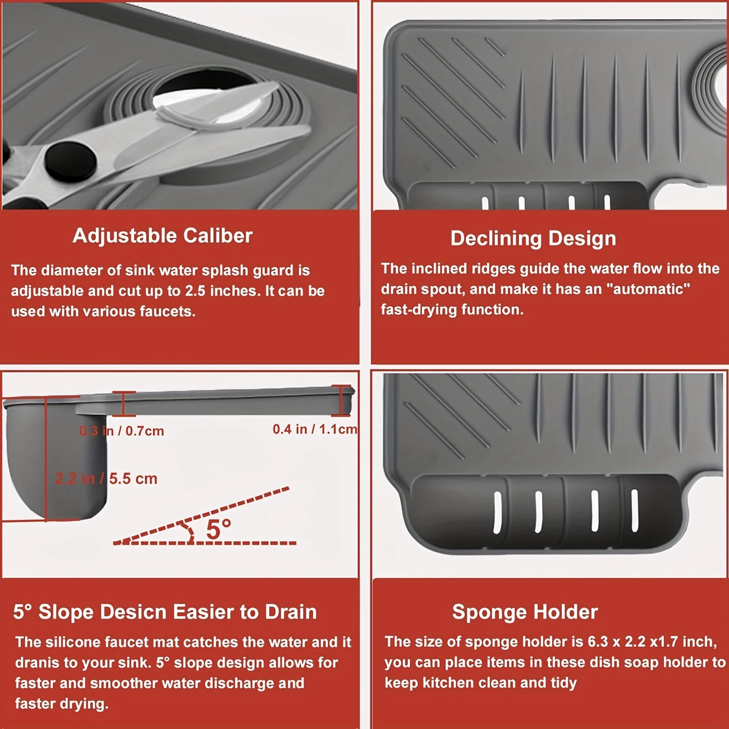 Caddy de pia de silicone multiuso com proteção contra respingos - design de bolso duplo para cozinha e banheiro