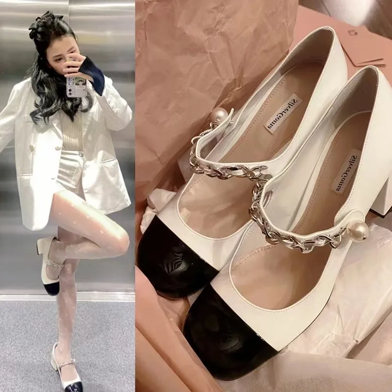 Vintage Mary Jane Shoes 2024 Spring New Small Fragrant French Small Leather Shoes Women Chunky Heels Women\'s Single Shoes heels