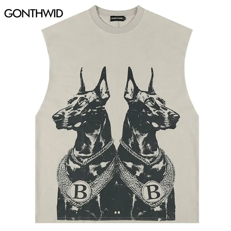 Hip Hop Tank Tops Y2K Streetwear Doberman Dog Graphic Print Sleeveless Vest T-Shirt 2024 Harajuku Punk Loose Cotton Tshirt Tops