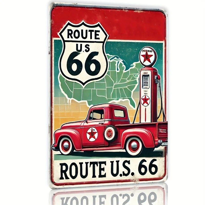 Letrero Metálico de Pared Route 66 - Marcador Vintage de la Carretera Route 66 con Mapa de Route 66, Gasolineras - Gran Decoración Retro US-66 para Man Cave
